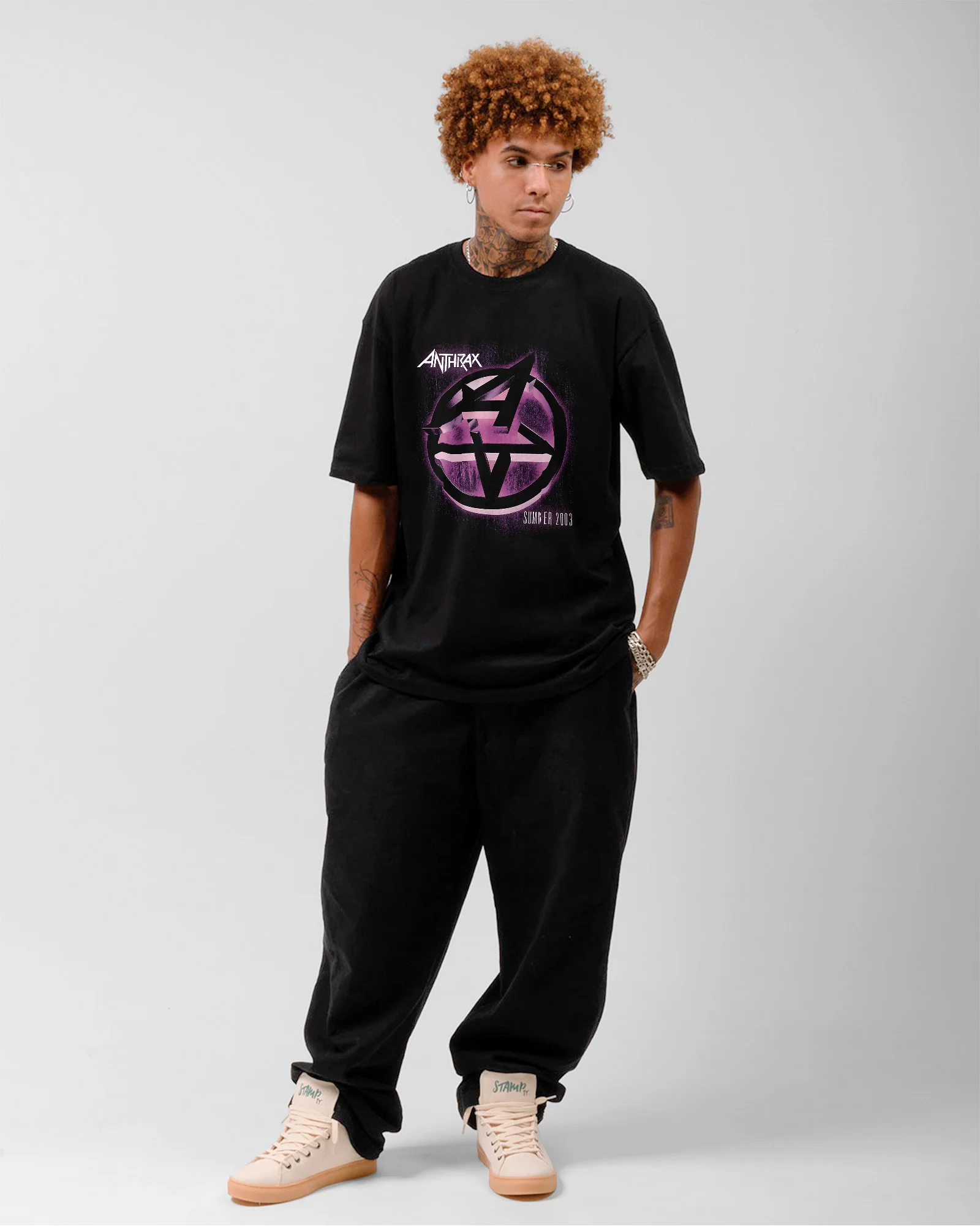 Camiseta Preta Anthrax Logo Roxa Summer 2003 Unissex - Image 3