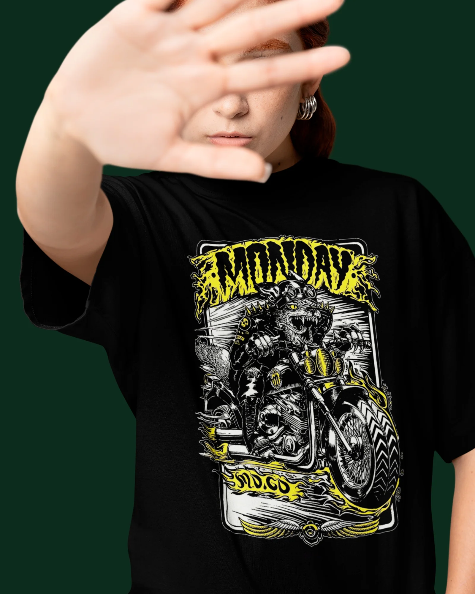 Camiseta Preta Monday Gato Motocicleta Unissex - Image 2